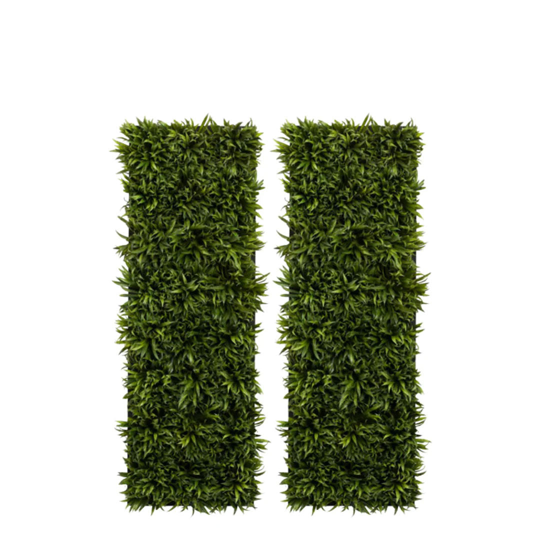 Pair of vertical artificial grass panels with dense green foliage on white background