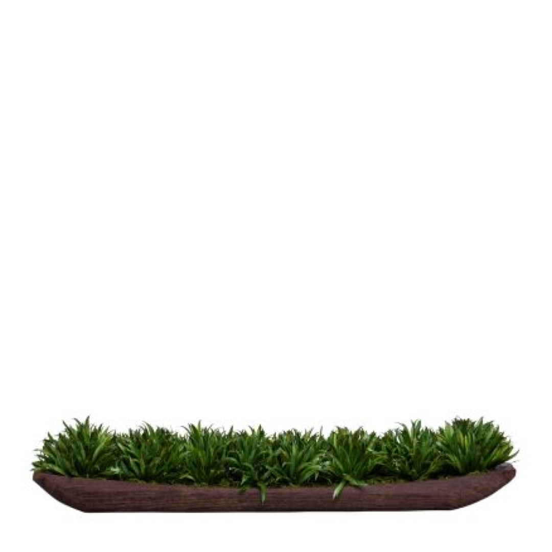 Artificial grass rye arrangement in a long brown planter, modern botanical decor