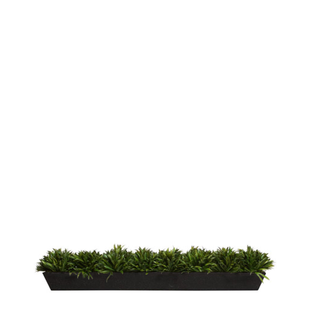 Artificial grass rye arrangement in a rectangular black planter, minimalist style