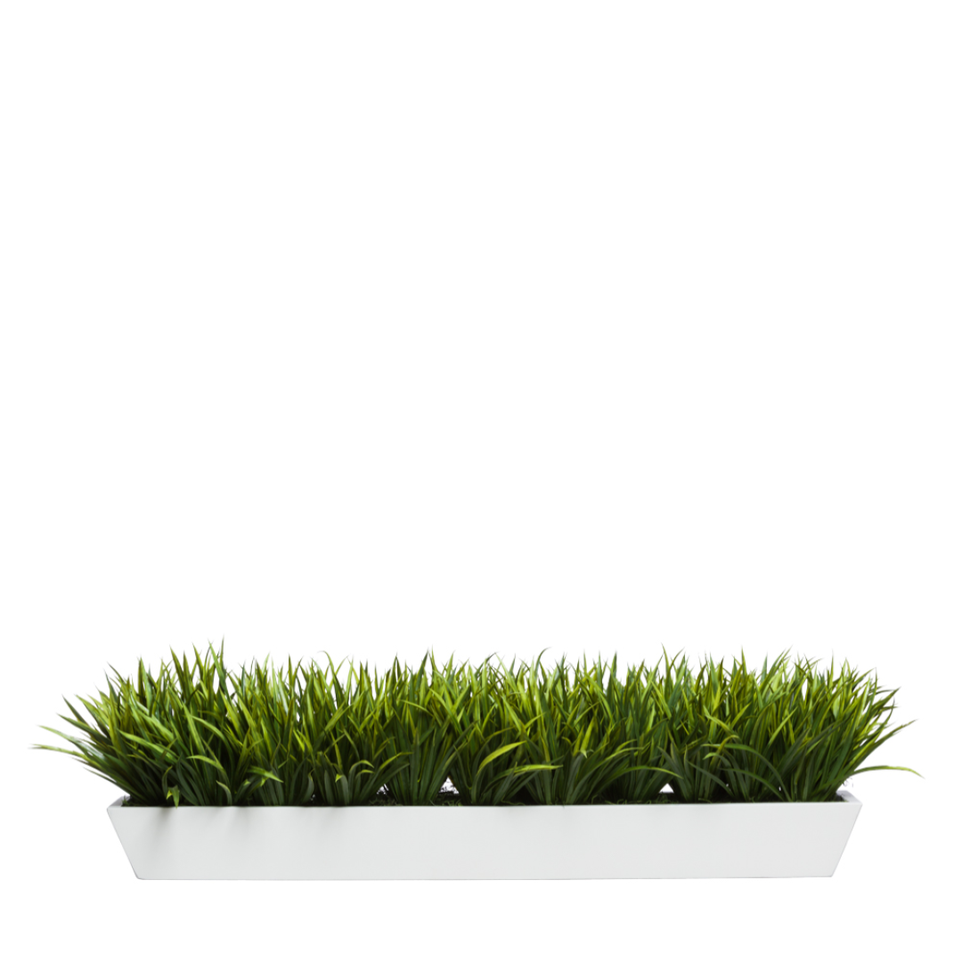 Artificial grass arrangement in a modern rectangular white planter