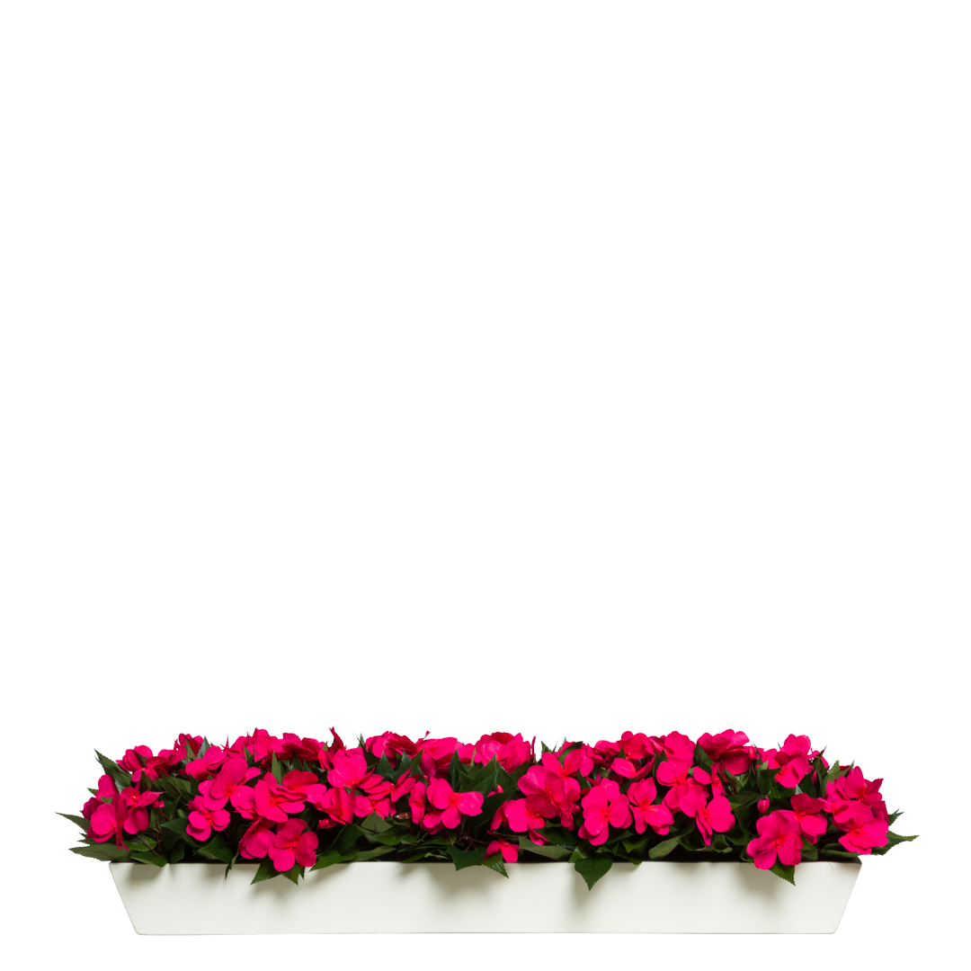 Artificial impatiens flowers with vibrant pink blooms in a white rectangular planter