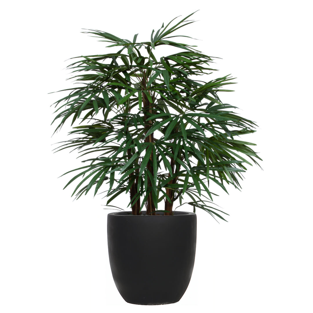 Artificial lady finger palm plant in a modern black round pot, realistic green foliage