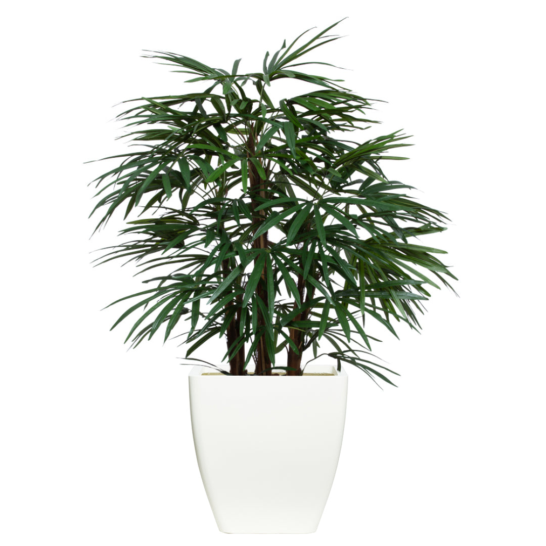 Artificial lady finger palm plant with slender green leaves in a modern white pot