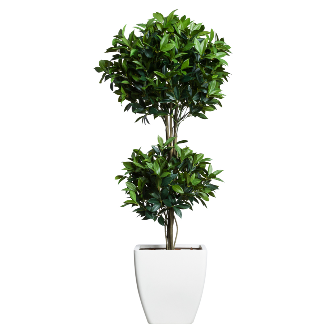 Double ball laurel topiary in modern white pot, artificial greenery decor