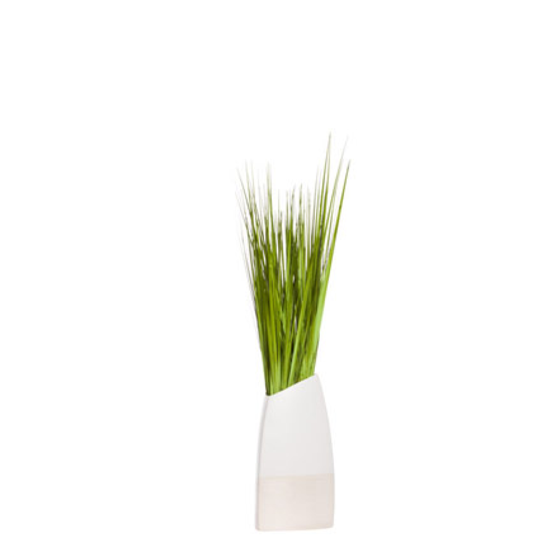 Artificial grass arrangement in a modern white vase on a white background
