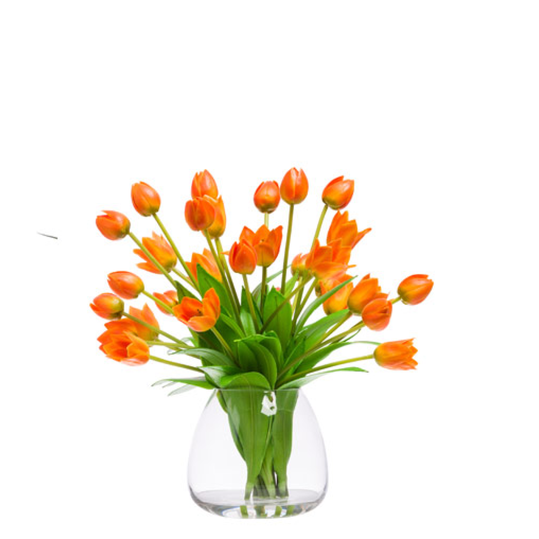 Realistic orange tulip arrangement in a clear glass vase, artificial silk flowers