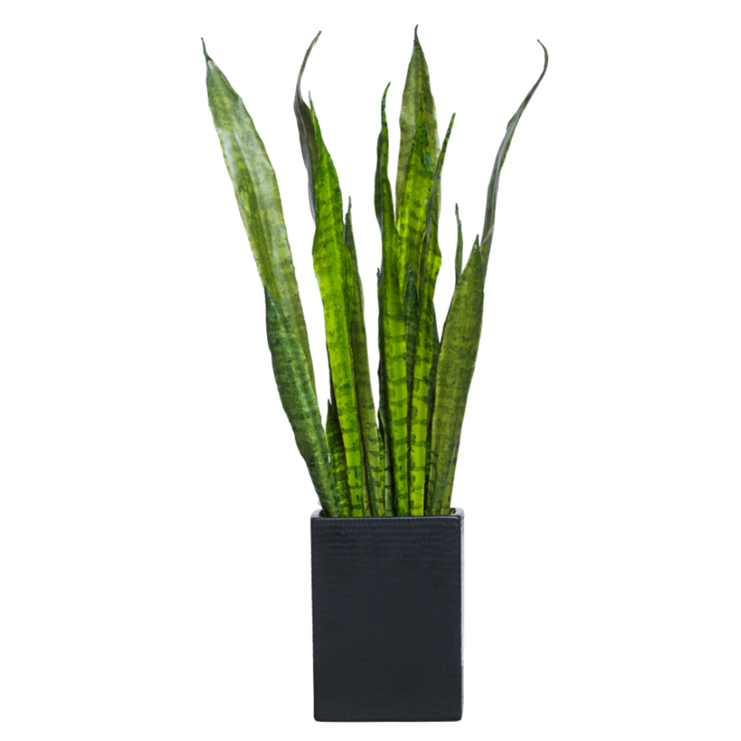 Artificial snake plant in a black rectangular pot, realistic green foliage, modern decor