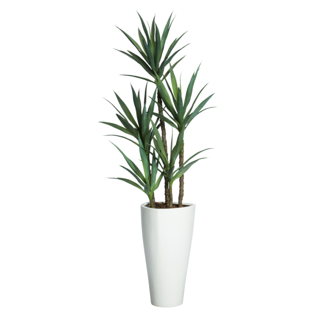 Tall artificial yucca plant in a modern white planter, realistic green foliage