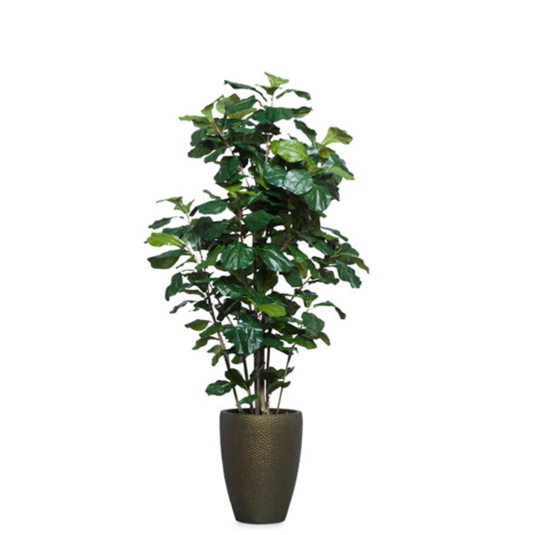 Artificial potted plant with large green leaves in a textured bronze planter