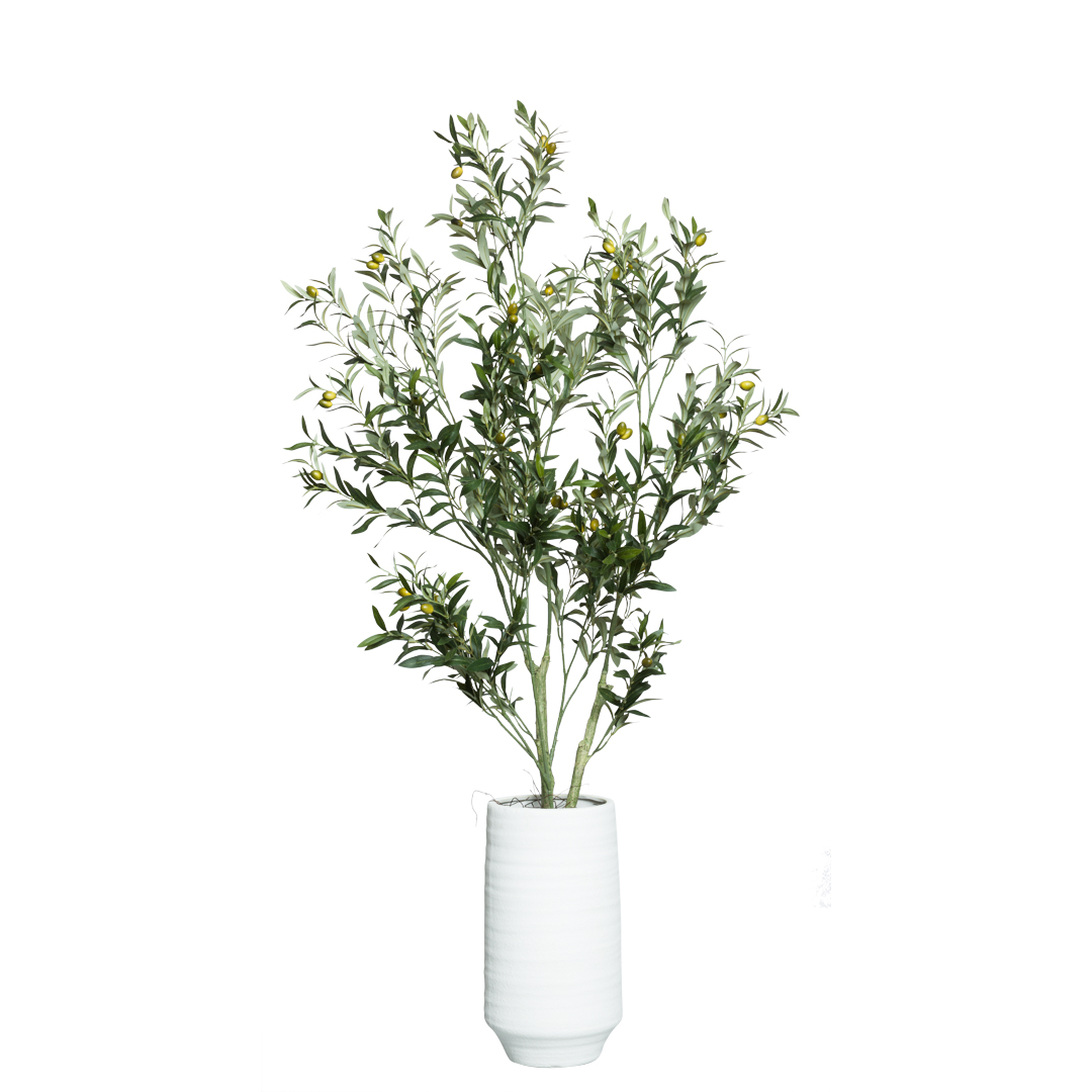 Artificial olive tree in tall white ceramic planter, realistic green leaves and small olives