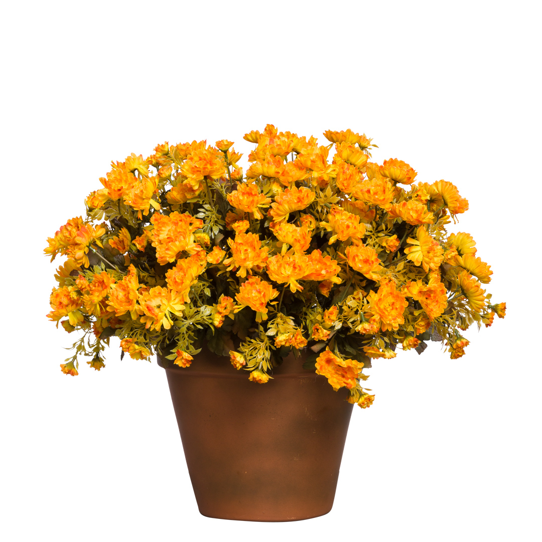 Artificial orange mums in a brown flower pot, lifelike silk floral arrangement