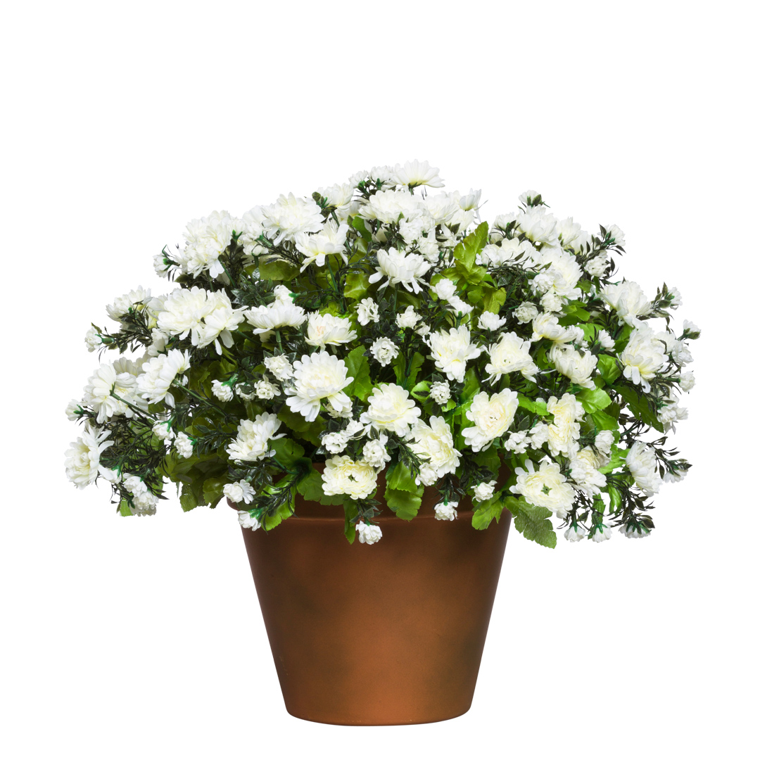 Artificial white chrysanthemum arrangement in a brown pot with green foliage