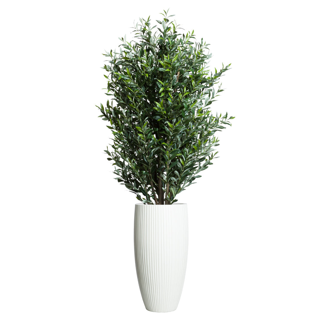 Artificial olive tree in a tall white ribbed planter, lifelike indoor faux plant decor