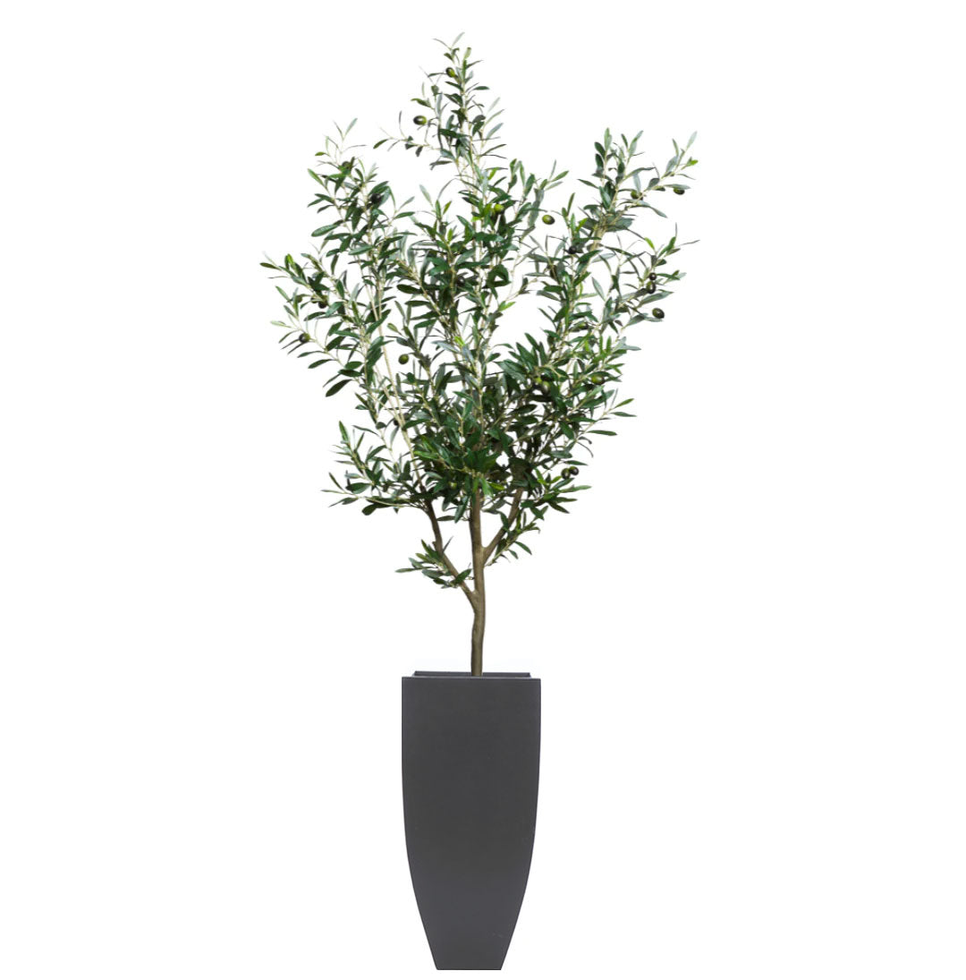 Artificial olive tree in tall black planter with realistic green leaves and olives