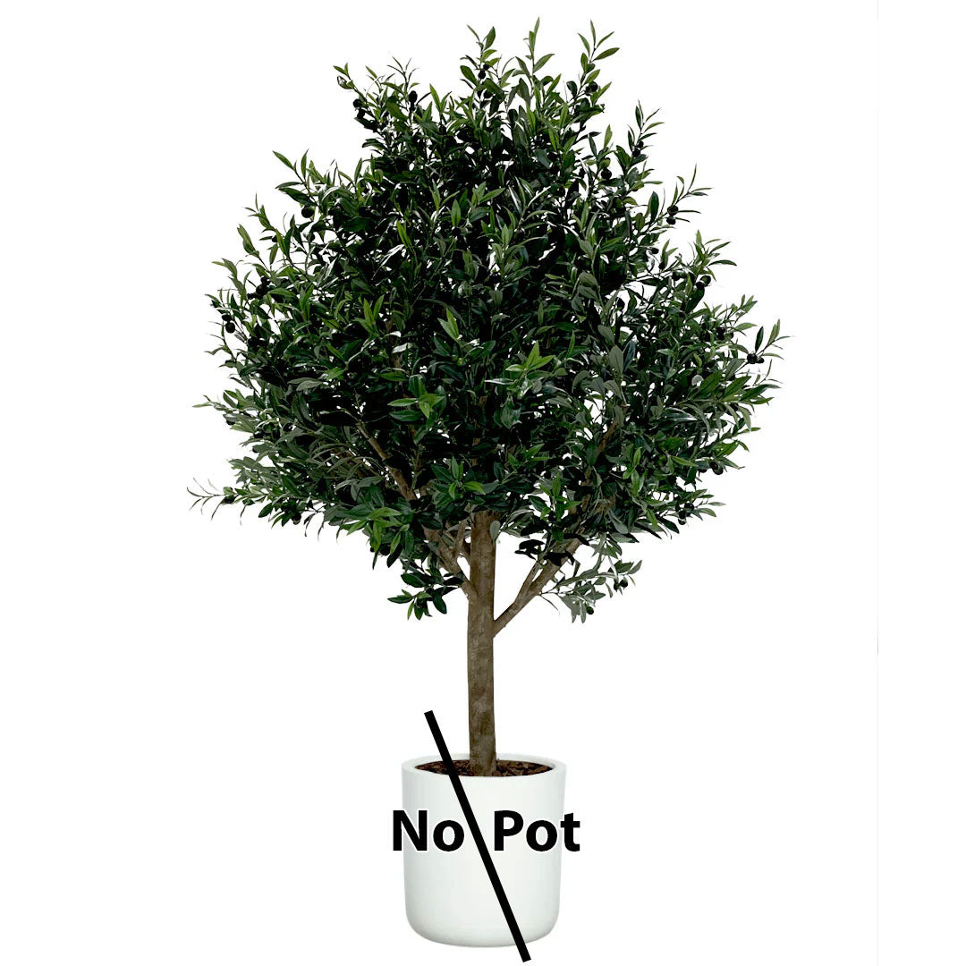 Artificial olive tree with dense green leaves against white background, pot not included