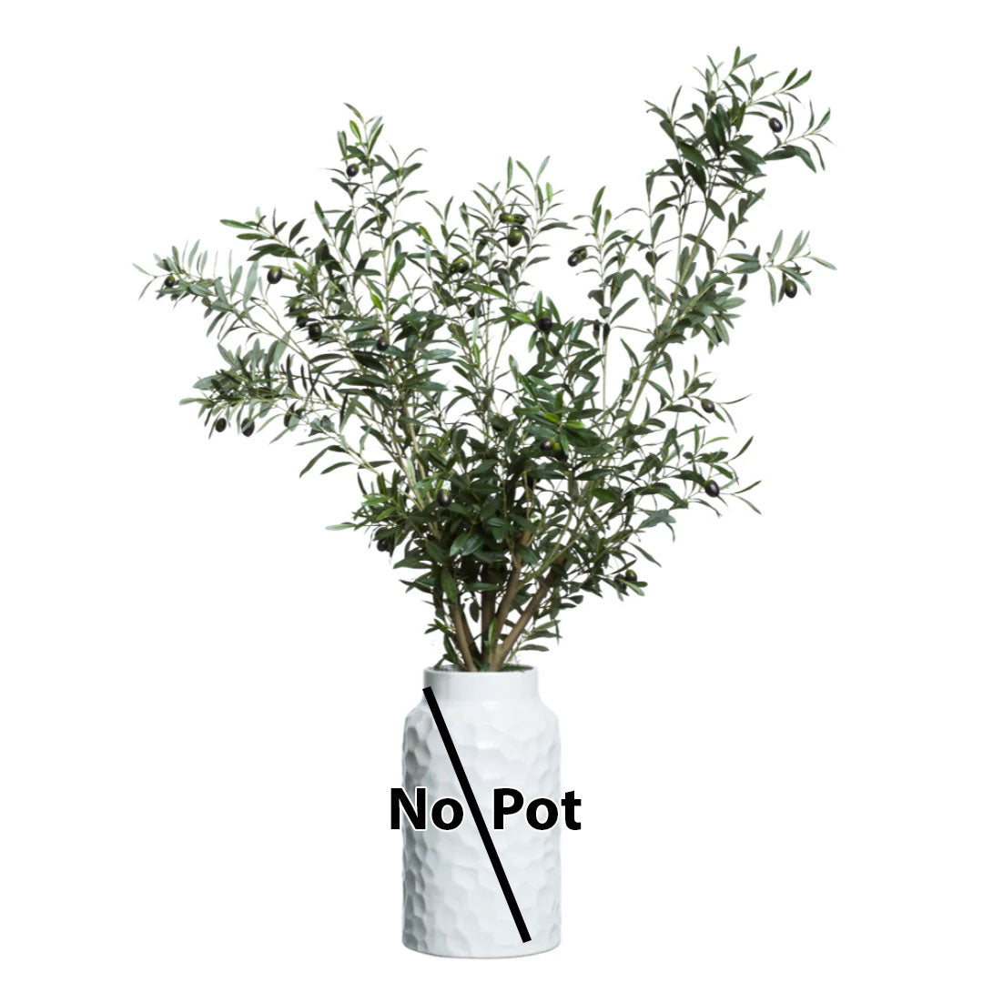 Artificial olive tree branches with green leaves and black olives, no pot included