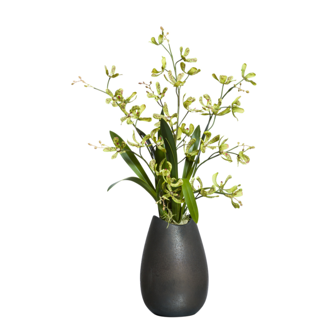 Artificial green spotted dendrobium orchid arrangement in a modern black vase