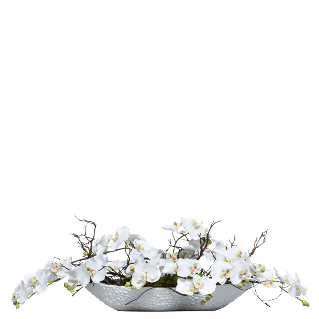 White Phalaenopsis orchid arrangement in a textured oval bowl with green foliage and twigs.