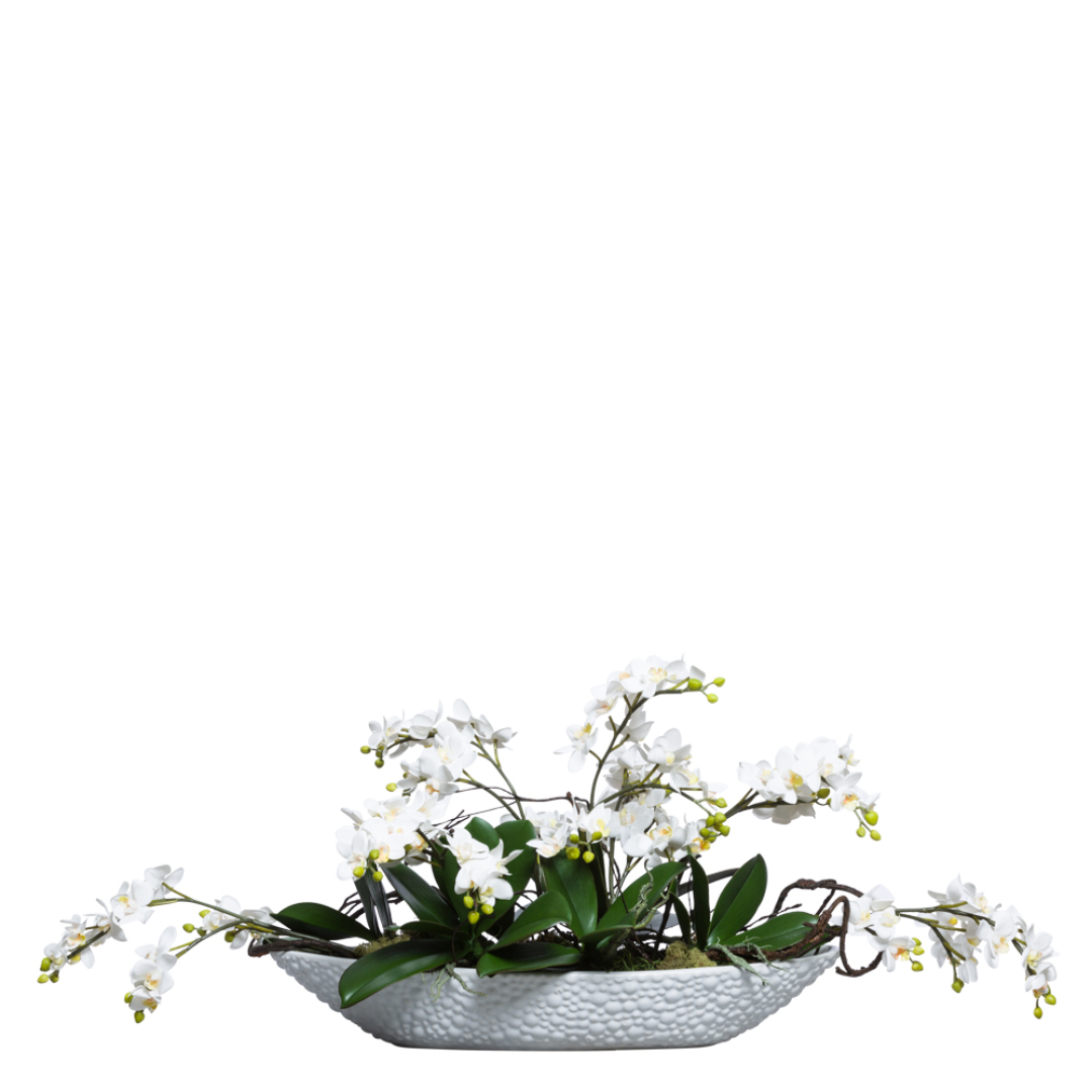 Artificial white Phalaenopsis orchid arrangement in textured oval planter