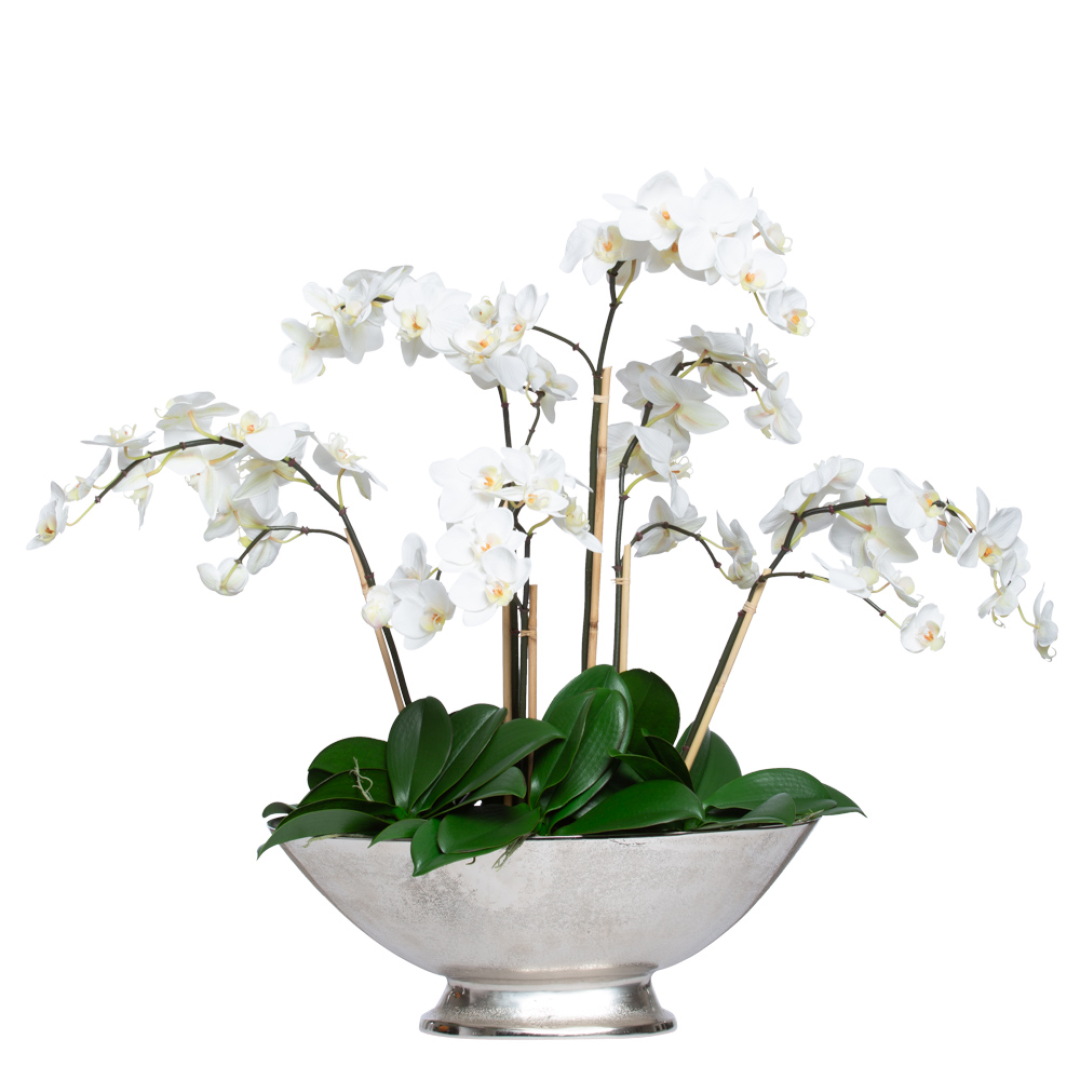 Artificial white phalaenopsis orchid arrangement in a silver bowl with green leaves