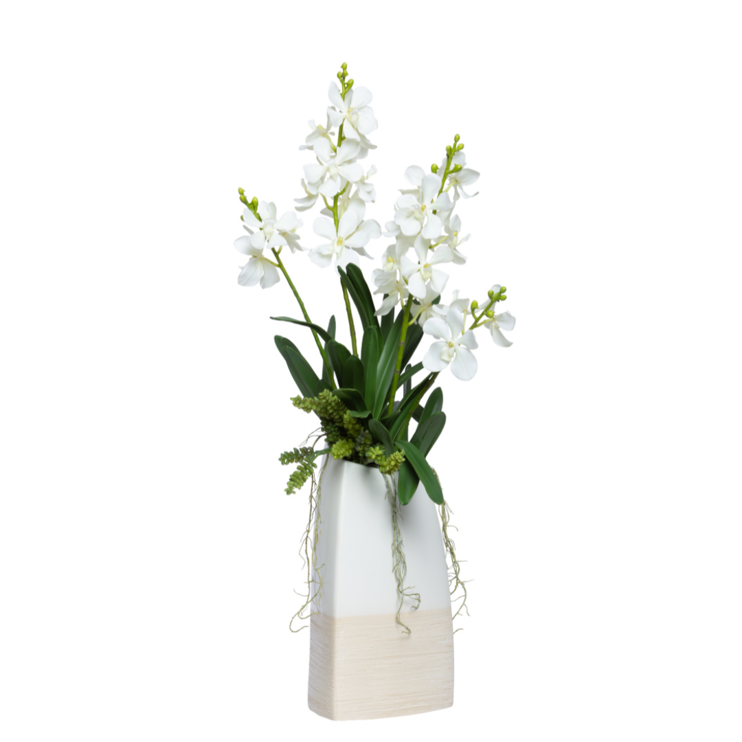 White artificial orchid and succulent arrangement in modern ceramic vase