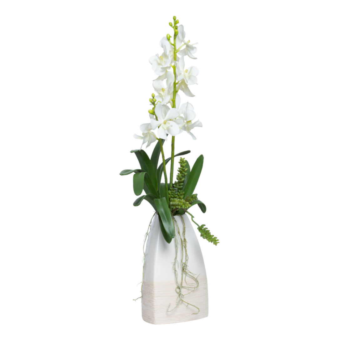 White artificial Vanda orchid arrangement with green leaves in modern ceramic vase