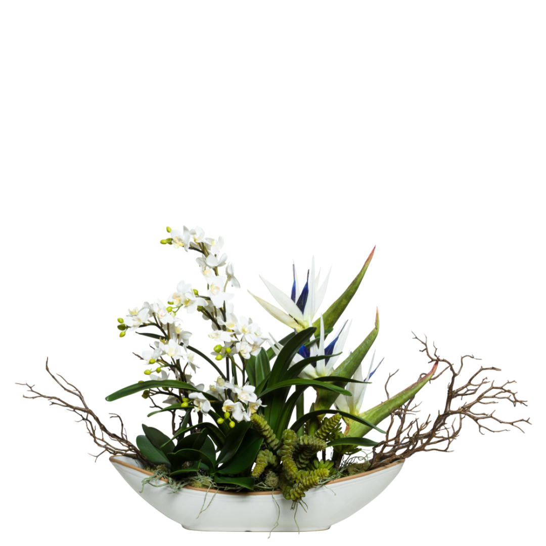 Artificial tropical orchid and bird of paradise arrangement in white ceramic bowl
