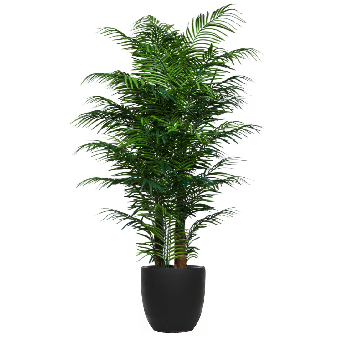 artificial areca palm plant with lush green fronds in a modern black pot on white background