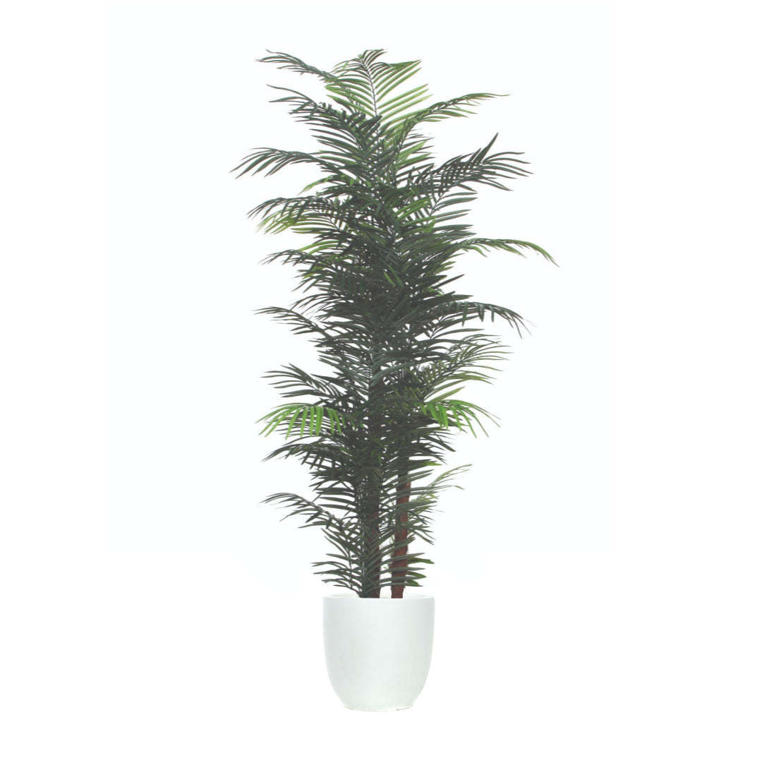 Artificial Areca palm plant in a white pot with realistic green fronds on a white background