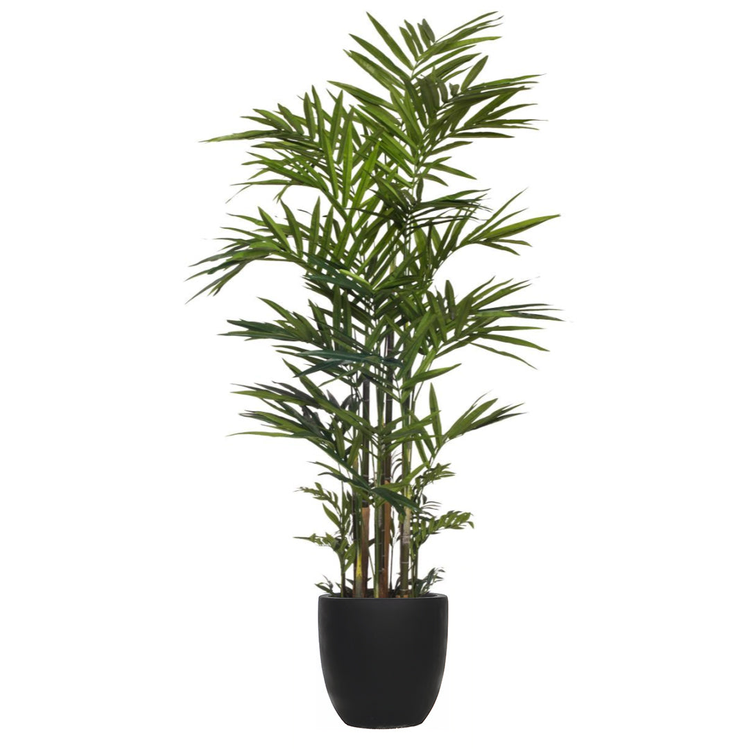 Artificial palm plant with lush green leaves in a modern black pot
