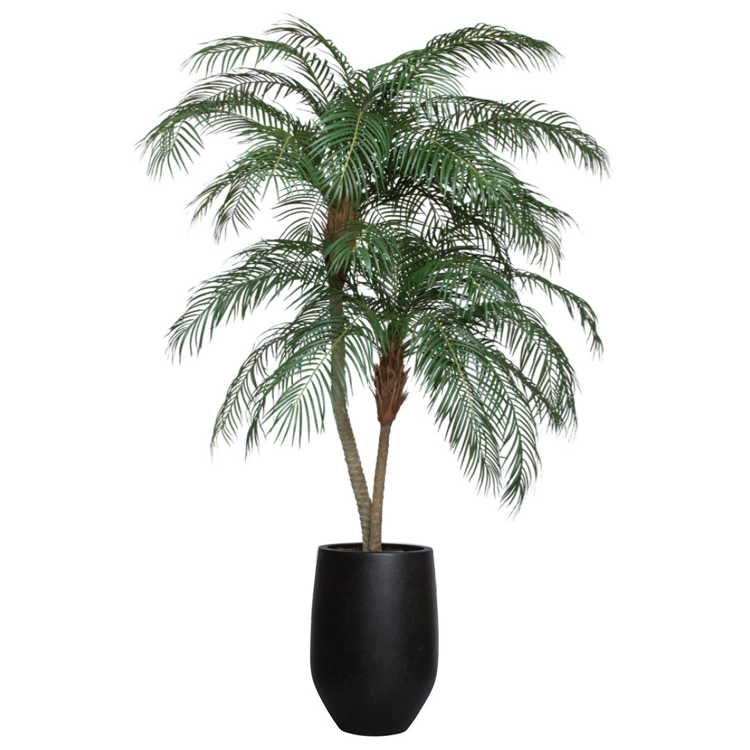 Artificial palm tree in a black planter, realistic green fronds, indoor decor plant
