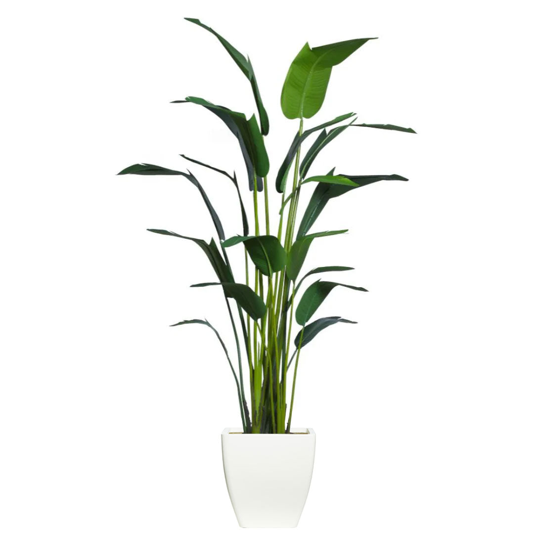 Artificial palm plant in a modern white pot with green leaves, isolated on white background