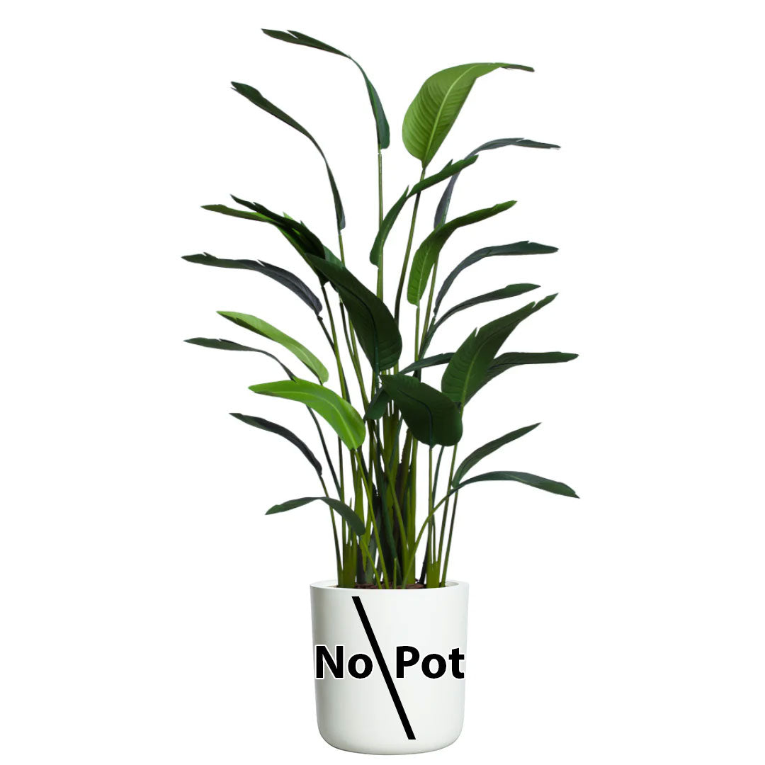 Artificial palm plant with green leaves in white container labeled 'No Pot', isolated on white background.