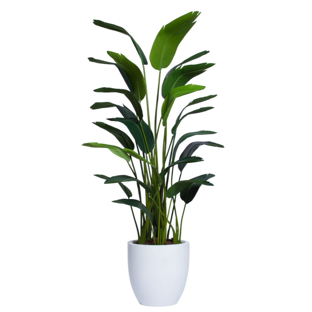 Artificial palm plant in white planter, tall green leaves, modern home decor