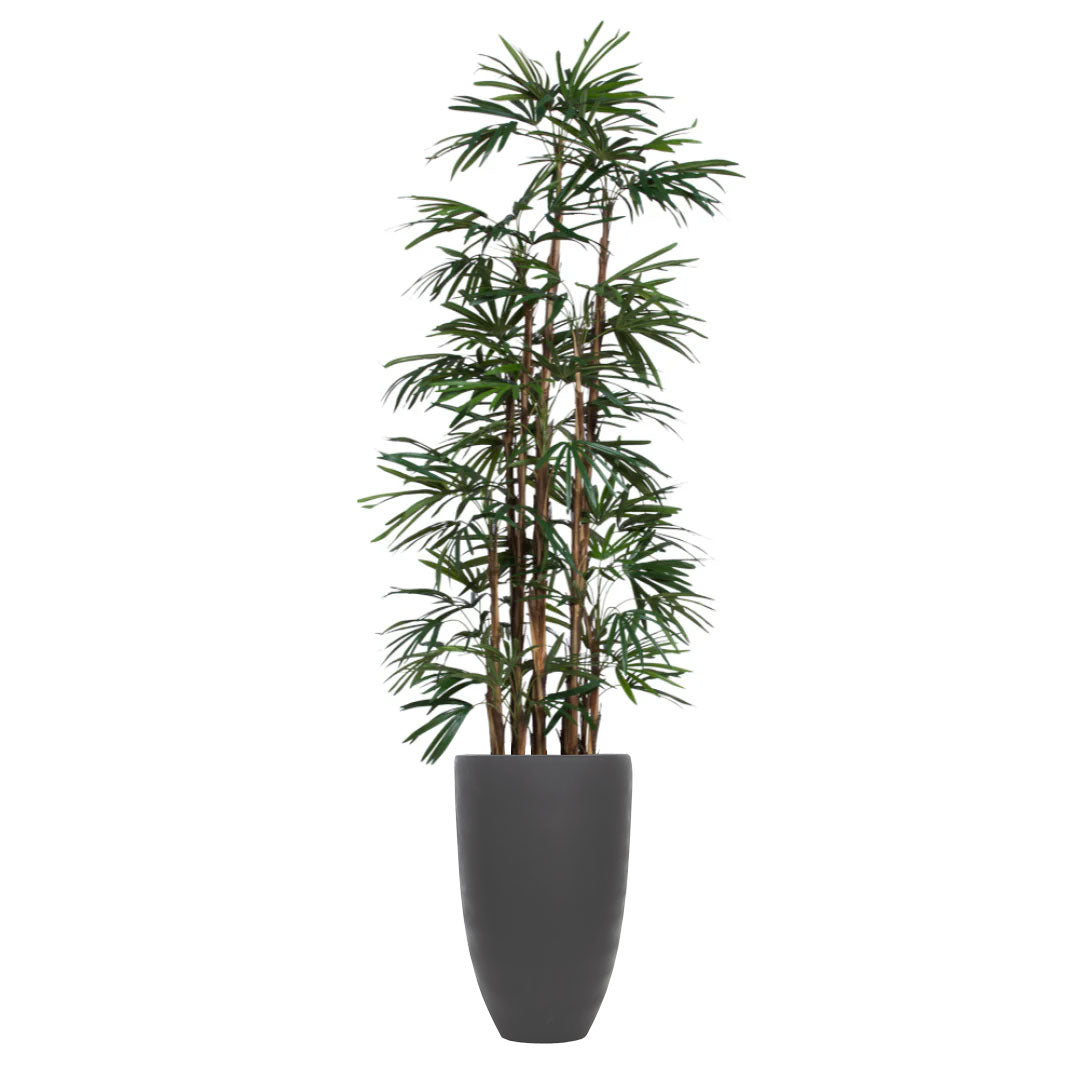 Artificial lady finger palm plant in a tall black smooth planter