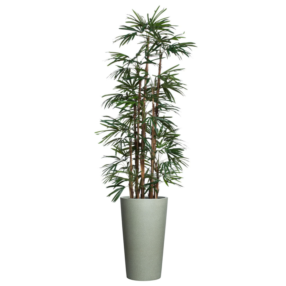 Artificial palm lady finger plant in tall greystone pot, realistic decorative greenery
