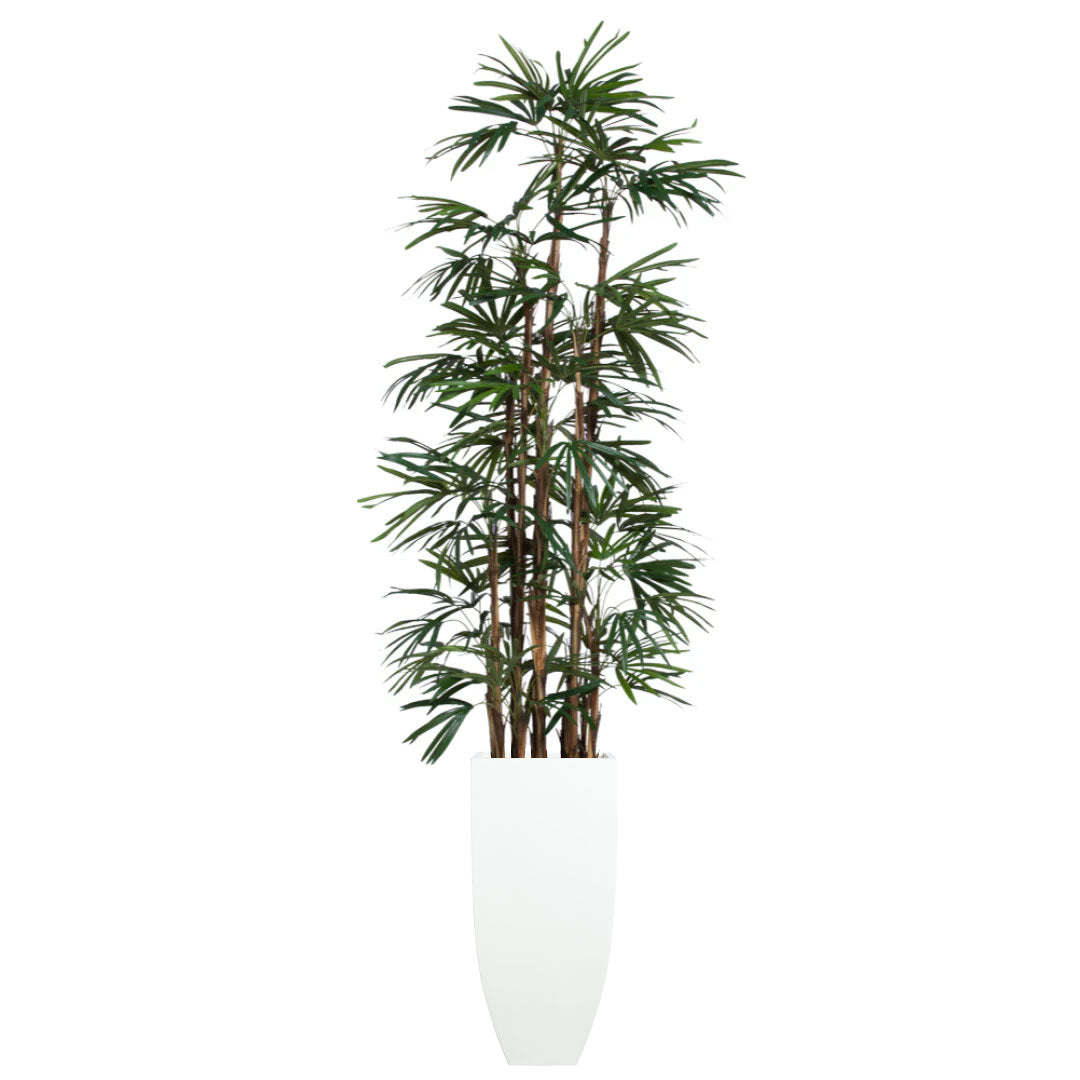 Artificial palm tree with slender green leaves in a tall white planter on white background