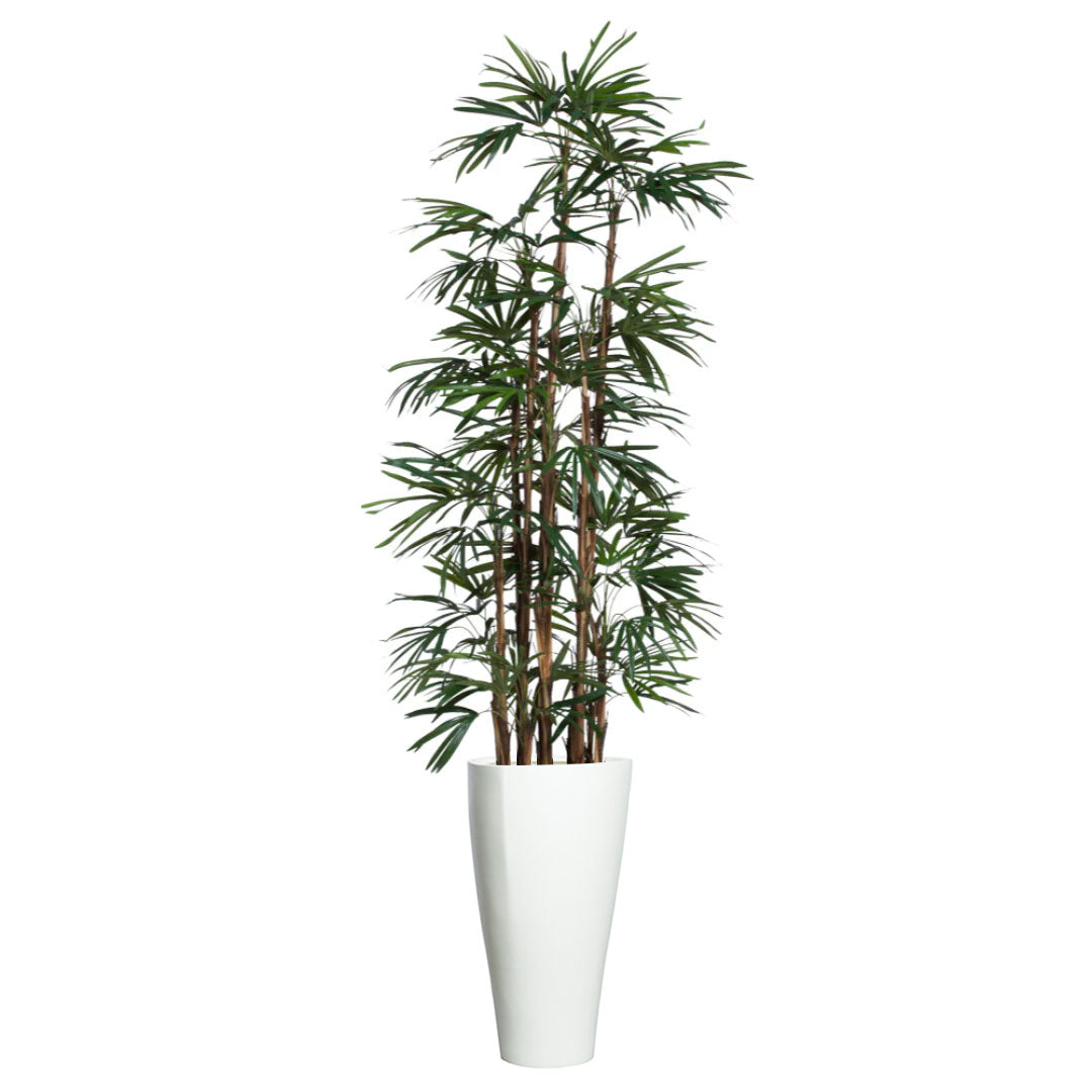 Artificial lady finger palm plant with green foliage in a tall white planter