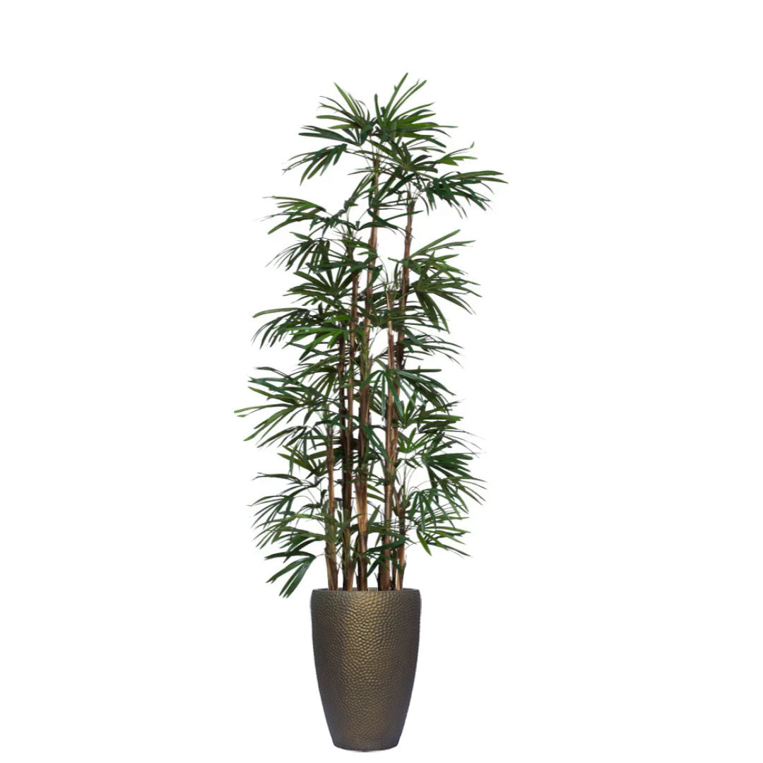 Artificial lady finger palm plant in textured bronze planter on white background