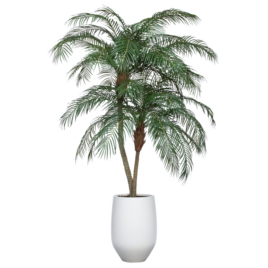 Artificial palm tree with feathery green fronds in a modern white planter
