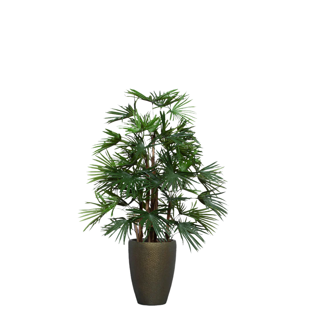 Artificial palm Rhapis plant in textured bronze planter, realistic green foliage