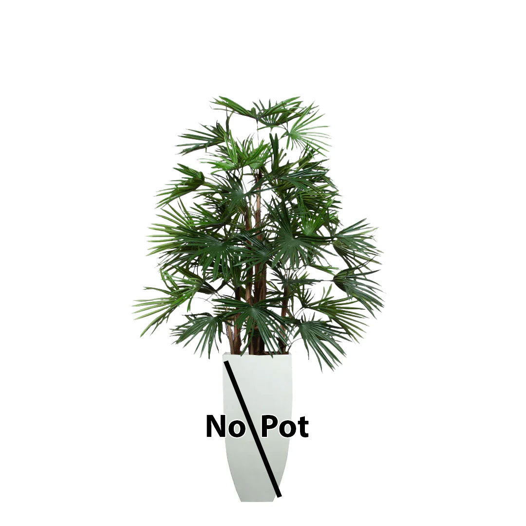 Artificial raphis palm tree with green fan-shaped leaves, shown without planter pot