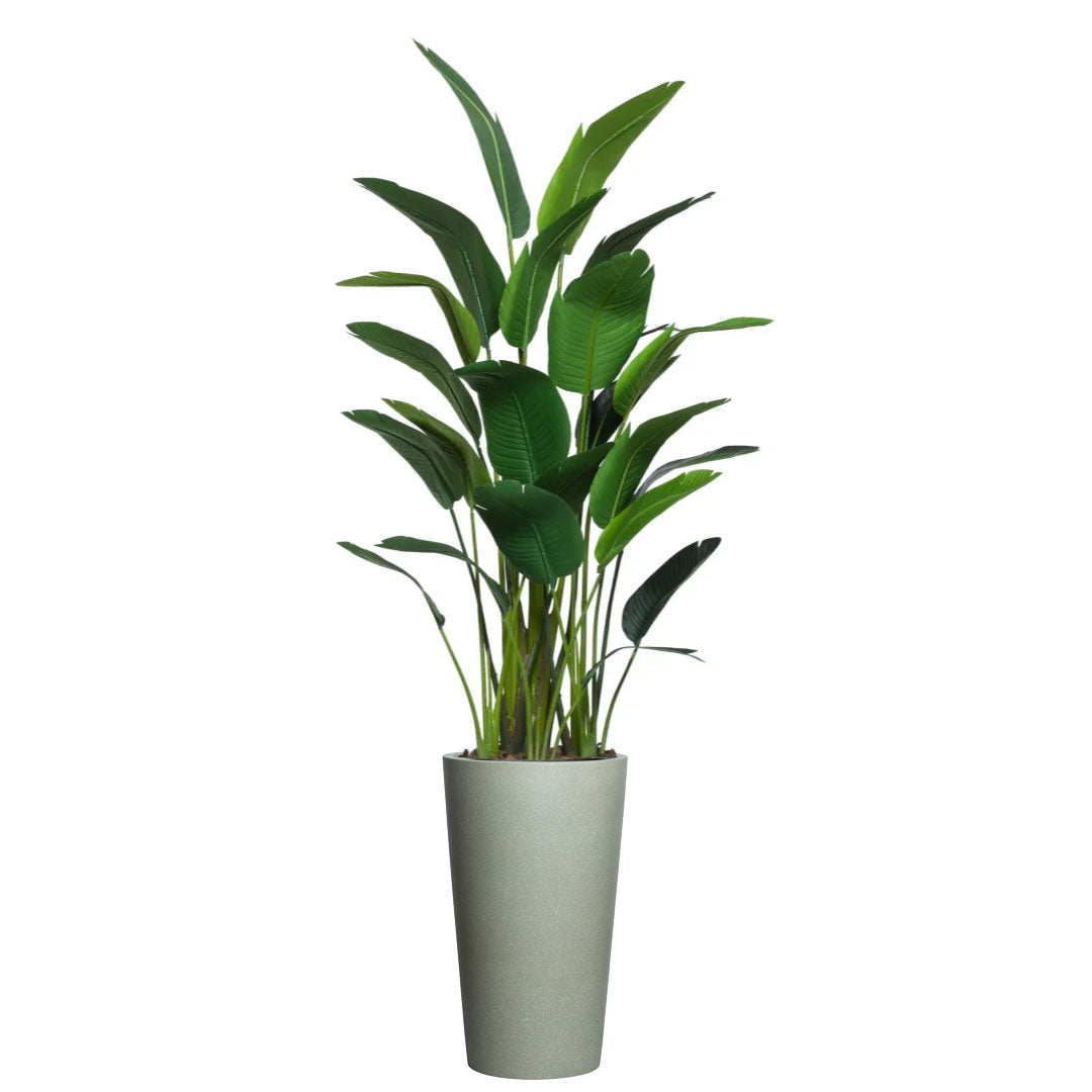 Artificial palm plant in tall greystone planter, realistic foliage, modern home decor