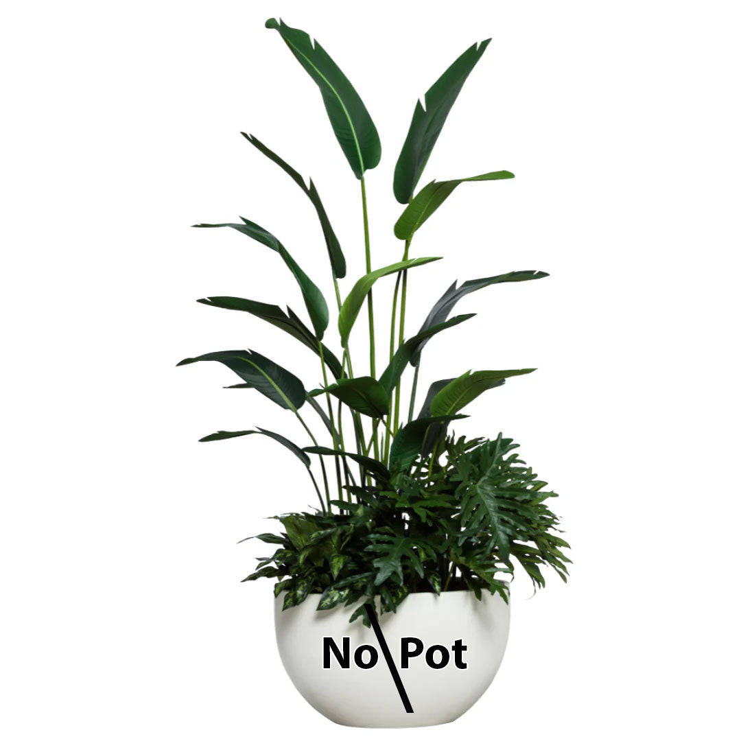 Artificial palm and philodendron mix plant arrangement in a white container, labeled no pot.