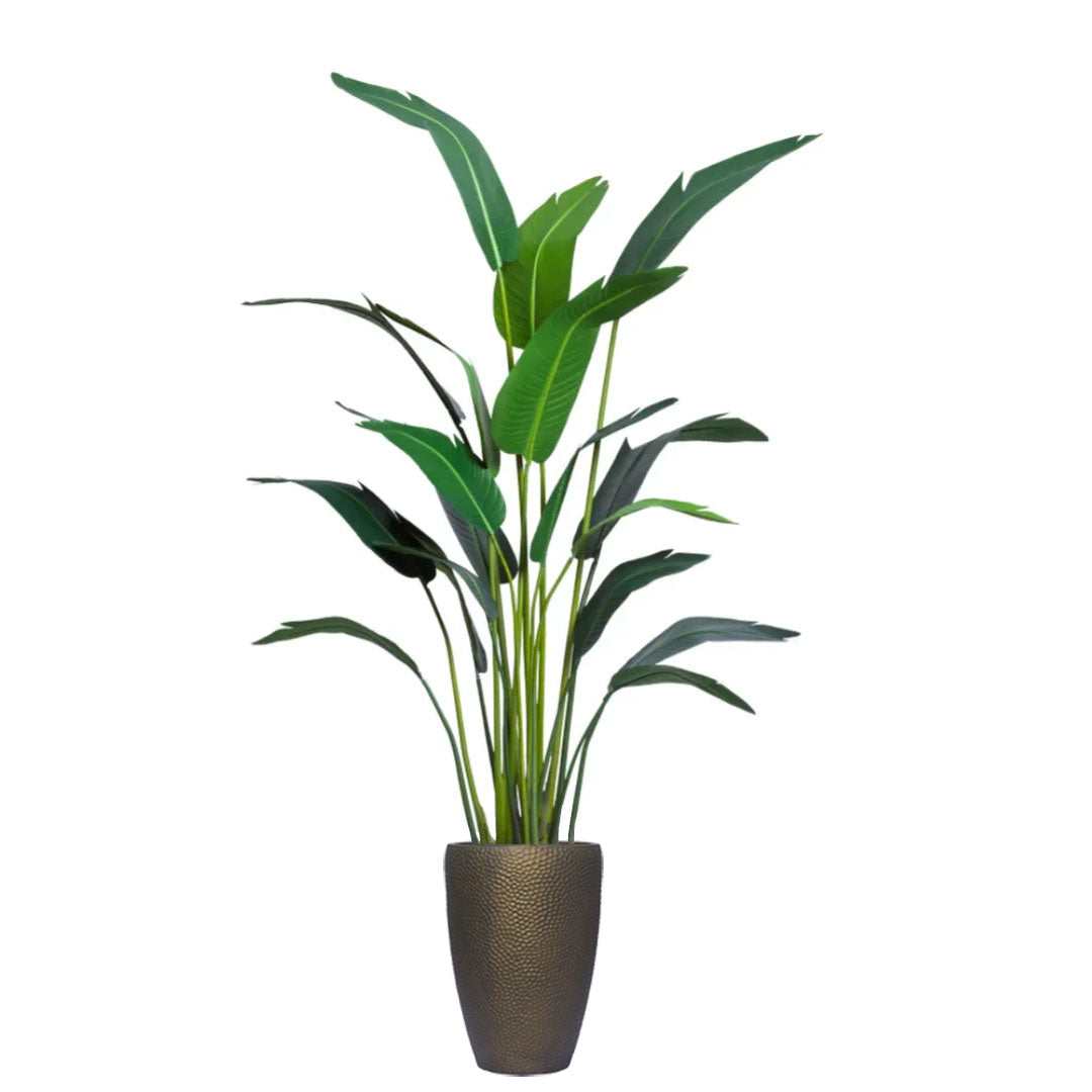 Artificial palm plant in a textured bronze pot, realistic green leaves, white background