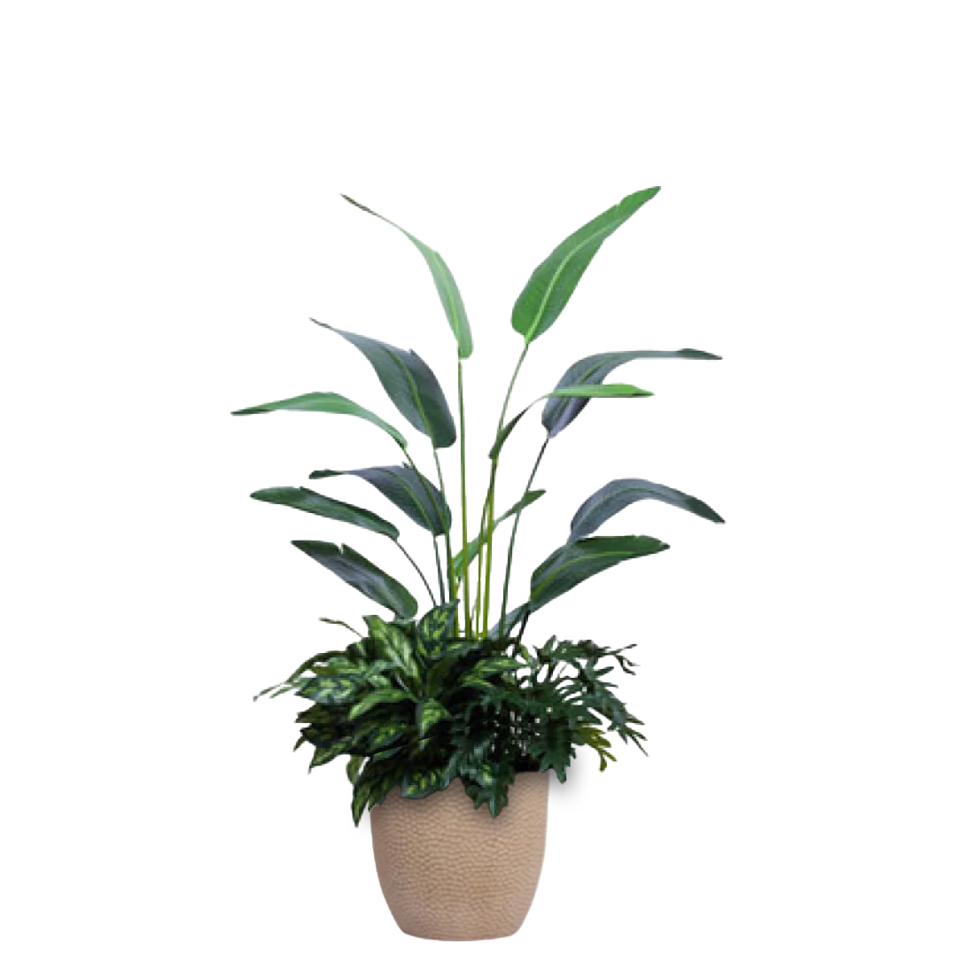 Artificial tropical palm plant arrangement in beige textured pot, lush green foliage