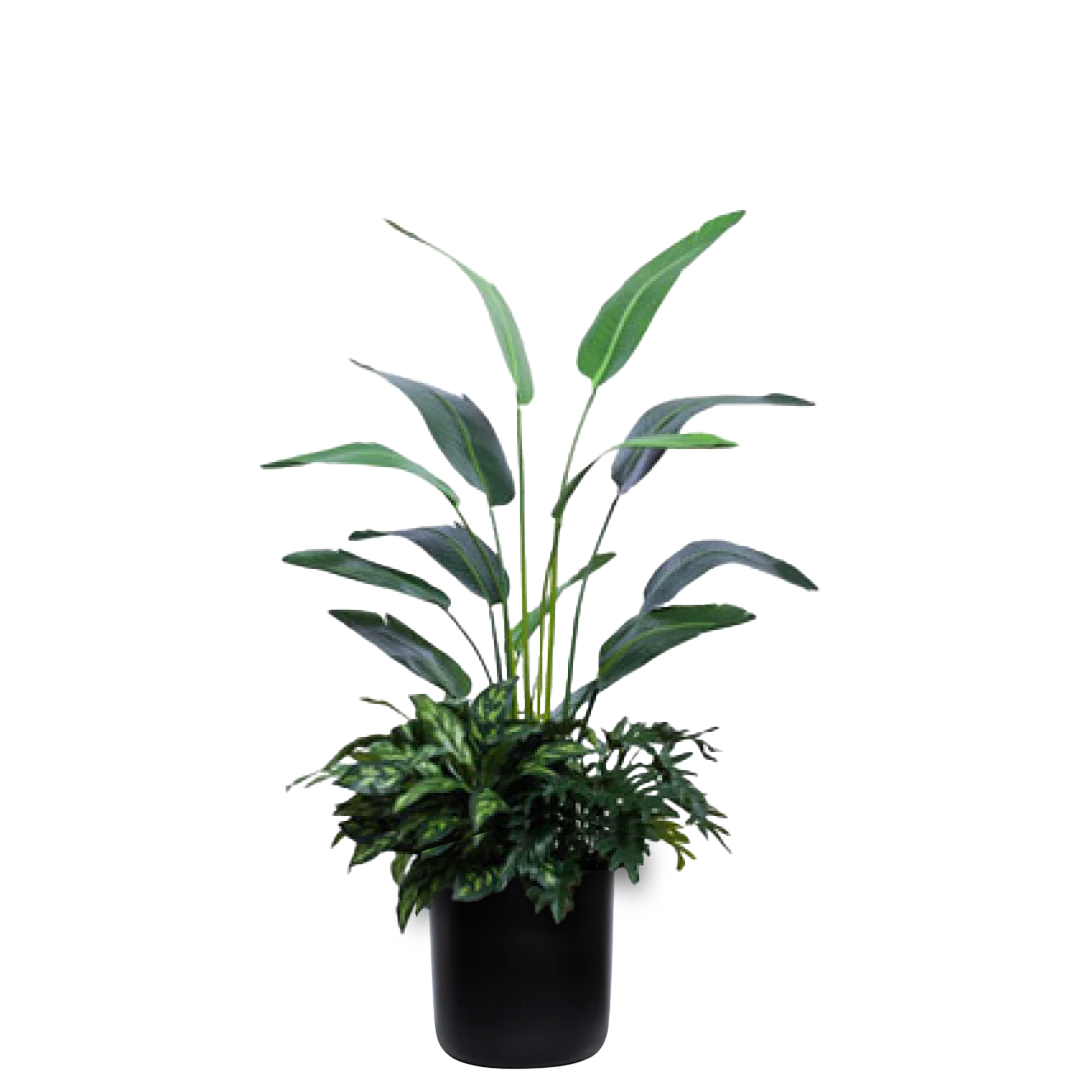 Artificial palm and foliage arrangement in a black cylindrical planter