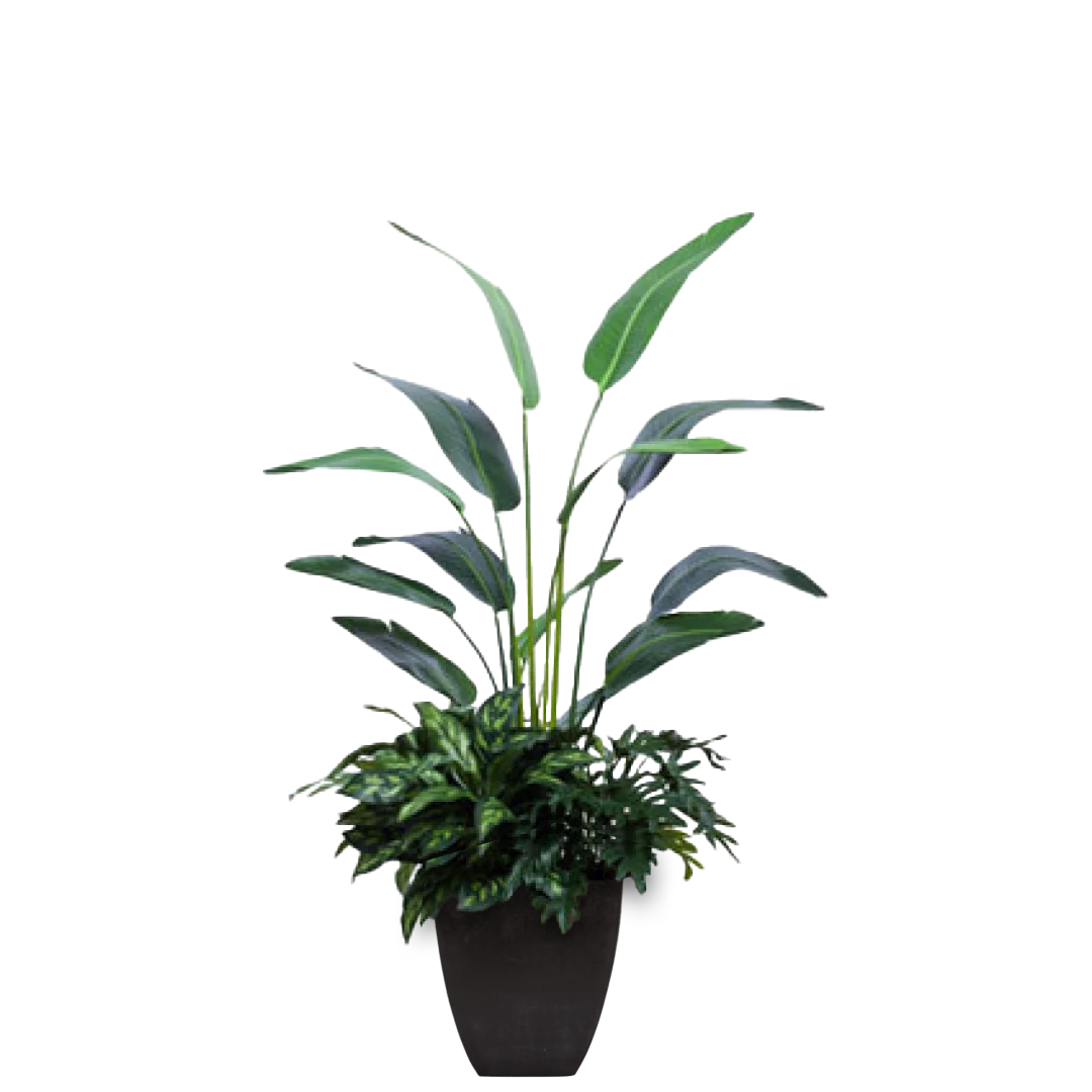 Artificial palm plant arrangement with mixed green foliage in a black planter
