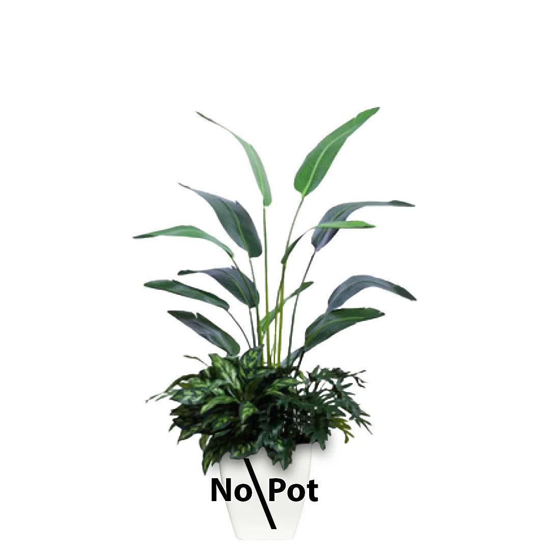 Artificial palm and foliage arrangement, no pot, realistic greenery on white background
