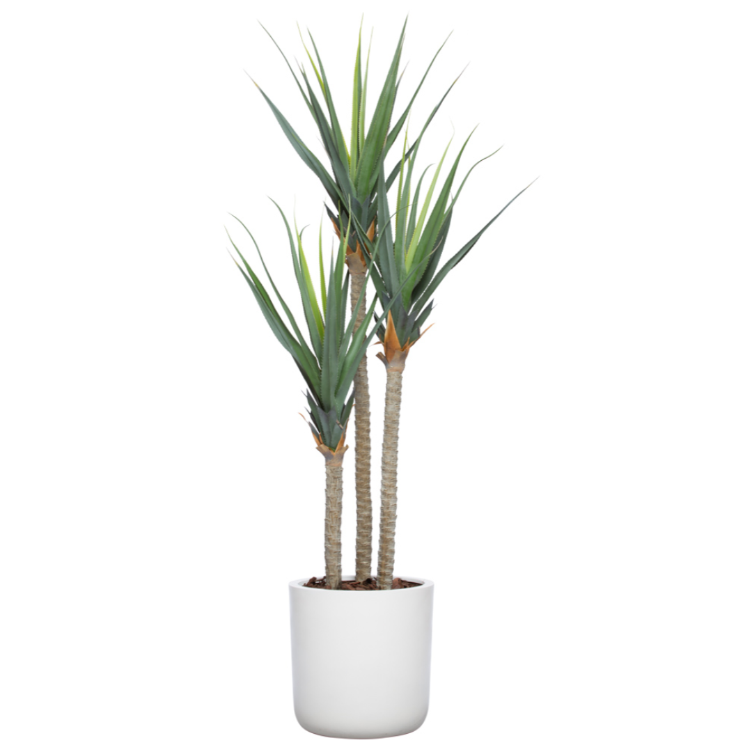 Artificial pandanus plant with tall, green spiky leaves in a white ceramic pot